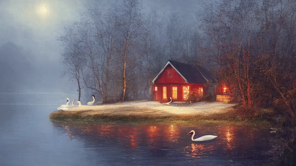 Image similar to small red wooden cottage by the lake, lanterns on the porch, smoke coming out of the chimney, dusk, birch trees, tranquility, two swans on the lake, two swans, a wooden rowing boat, by Greg Rutkowski, by Charlie Bowater