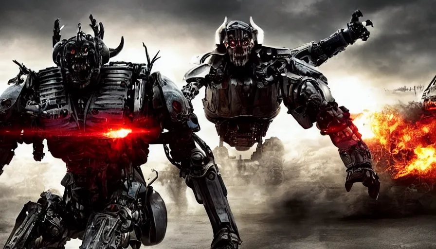Image similar to Big budget movie about a cyborg demon fighting a heavily armored tank in a city