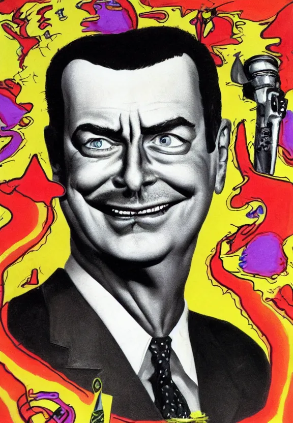 Image similar to one famous person, subgenius, x - day, aliens, weird stuff, occult stuff, devil stuff, less detail, colorful, stained paper, hyperrealism, stage lighting