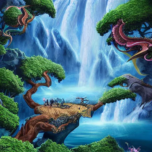 Prompt: islands floating in the sky with waterfalls and dragons, digital art, aesthetic, astonishing detail