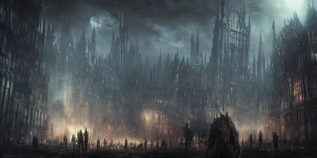 Image similar to a huge crowded megacity in the style of bloodborne, dark souls, demon souls, gothic art, dark fantasy, concept art, digital painting, volumetric lighting, trending on art station, night time, moon light, god rays, highly detailed