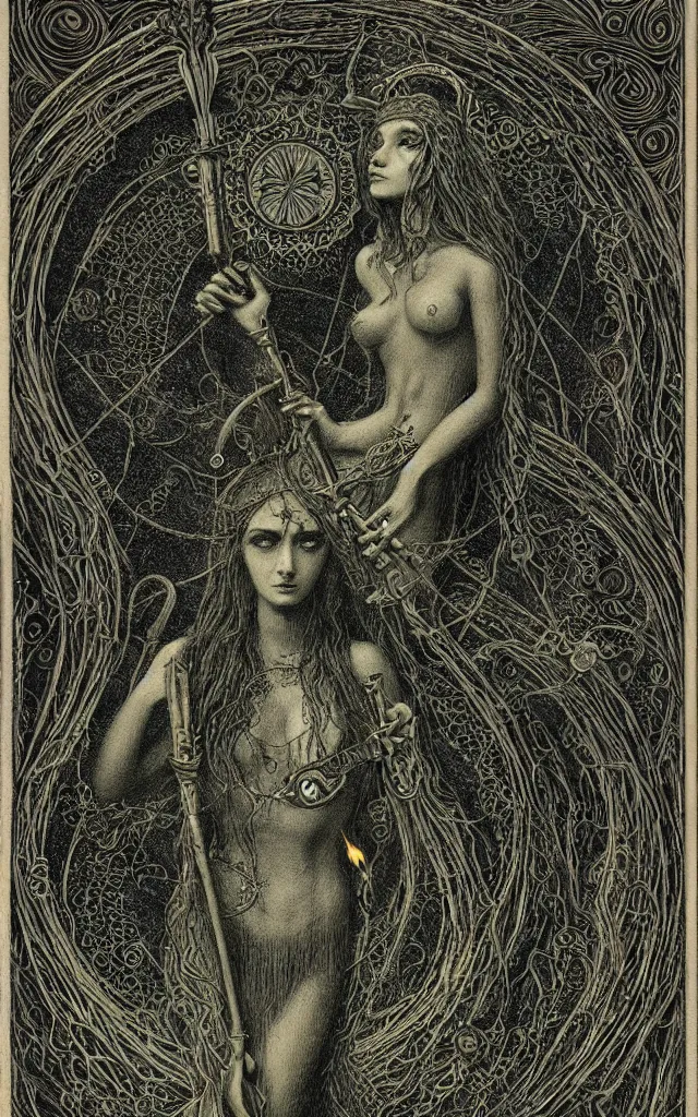 Prompt: tarot card of hecate the gloomy and beautiful goddess of witchcraft, torches, ancient keys, smokes, gustave dore, franklin booth, andrey remnev, black paper, etching, engraving, intricate line work, green line work details, mandelbulb fractal, portrait, trending on artstation, exquisite details, risography print, 4 k, 4 k