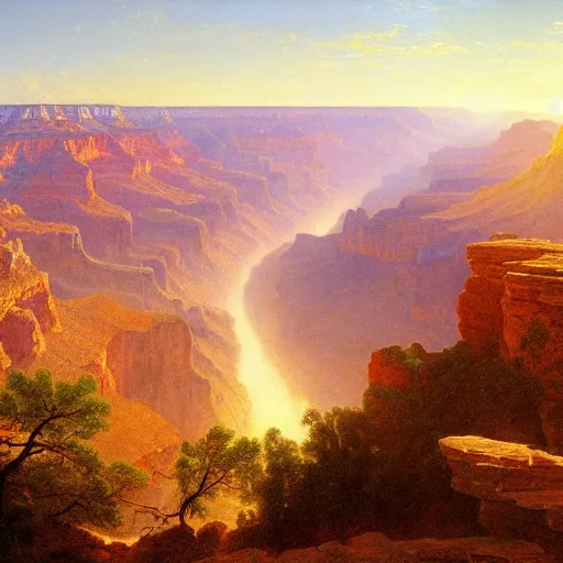 Prompt: a beautiful ultra - detailed realistic oil painting of the grand canyon by albert bierstadt, emanuel leutze, and george caleb bingham. wallpaper 4 k. sunset. no people