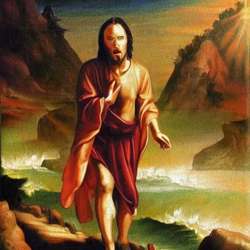 Image similar to tommy wiseau walking on water with jesus, biblical, oil painting, sunny, beautiful