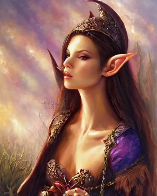 Image similar to a beautiful elf princess, oil painting, by laura sava and julie bell