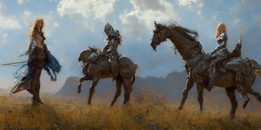 Image similar to portrait of girl medieval armor and one metal horse landscape of meadow poses by gaston bussiere, anna nikonova aka newmilky, greg rutkowski, yoji shinkawa, yoshitaka amano,, donato giancola, geoffroy thoorens, concept art, trending on artstation, featured on pixiv, cinematic composition, 8 k