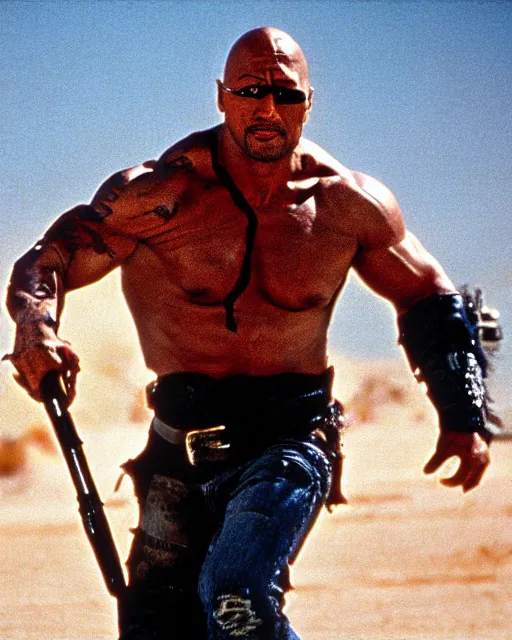 Image similar to film still close up shot of dwayne johnson in the movie mad max 2 the road warrior. photographic, photography