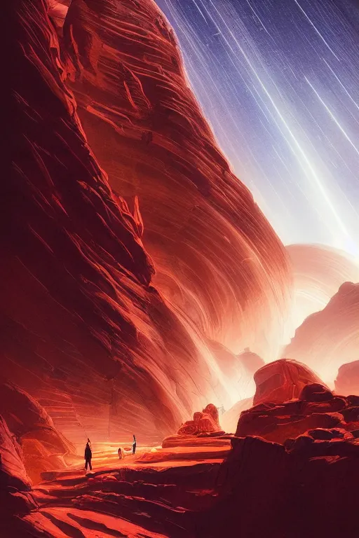 Image similar to futuristic temple in red canyon, star trails above, dramatic lighting, artstation, matte painting, ralph mcquarrie, raphael lacoste, zaha hadid