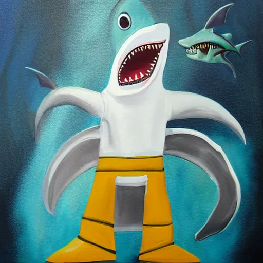 Image similar to Shark wearing a janitors outfit, high quality painting