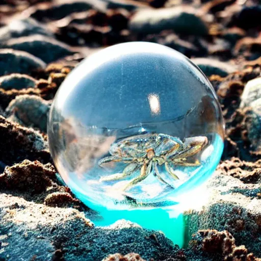 Image similar to a transparent sphere on a beach with a crab looking at it
