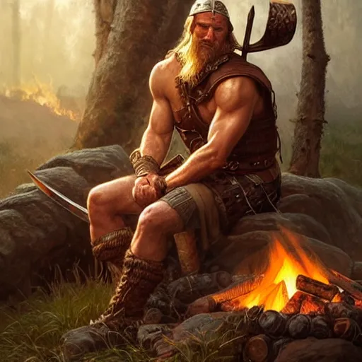 Image similar to Rugged male Viking warrior relaxing by the fire, relaxed, D&D, muscular, upper body, fantasy, intricate, elegant, highly detailed, digital painting, artstation, concept art, smooth, sharp focus, illustration, art by artgerm and greg rutkowski and alphonse mucha