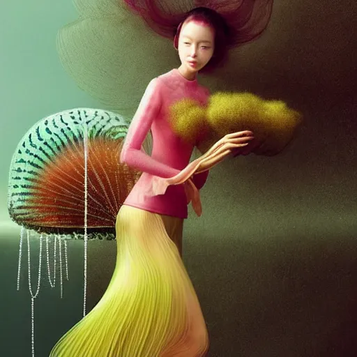 Prompt: asian female wearing luminous jelly fish armor. soft, fragile. by ray caesar. by louise dahl - wolfe. by andrea kowch. by anna claren. surreal photography