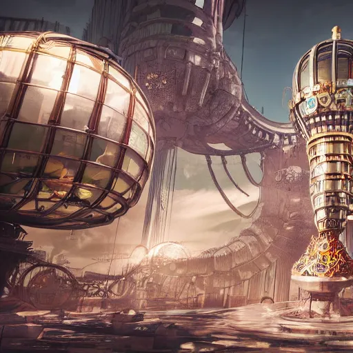 Image similar to streampunk city in a gigantic faberge egg, sky, steampunk, fantasy art, unreal engine,