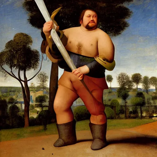 Prompt: knight with giant and too heavy sword, by camille corot, by fernando botero, by pieter bruegel the elder, painting, fine art, high contrast, divine, strong, rembrandt lighting, ray tracing global illumination, ray tracing reflections, insanely detailed and intricate, hypermaximalist, elegant, ornate, hyper realistic, super detailed