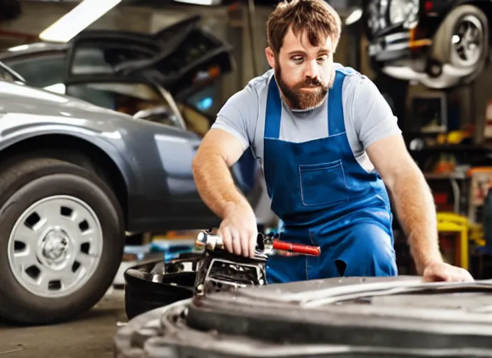 Image similar to film still of a hamster working as a mechanic in an auto shop, 8 k