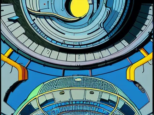 Image similar to a scifi illustration, hyper detailed external view of a lunar colony. cinematic wes anderson composition. flat colors, limited palette in FANTASTIC PLANET La planète sauvage animation by René Laloux