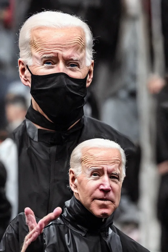 Image similar to a pale white hair Joe Biden in a black latex acronym cape, in the style of mike dringenberg and ashley wood