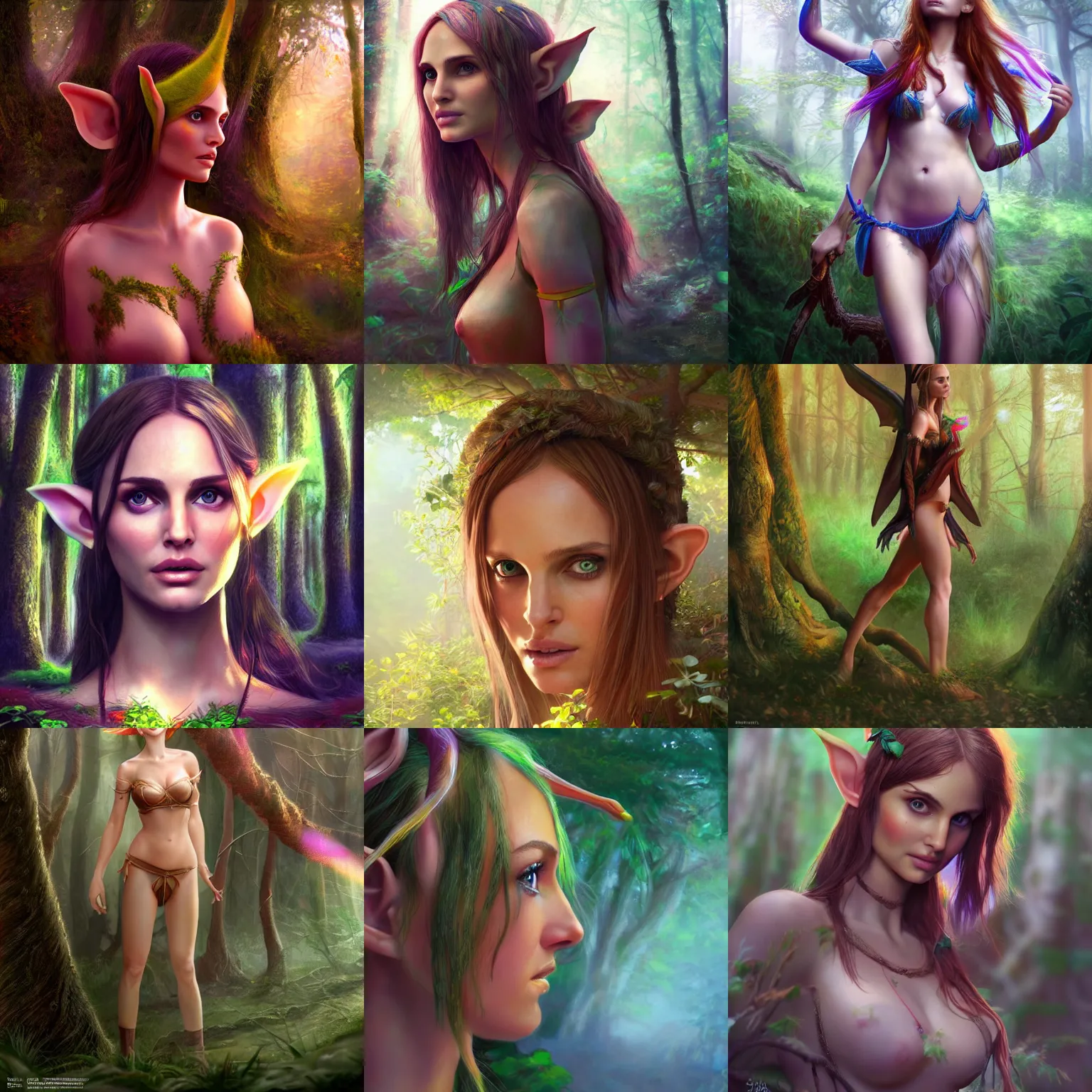 Prompt: forest elf girl (model: Natalie Portman), ethereal, colorful, wide-angle, fantasy, artstation, 4k, highly detailed, photorealism