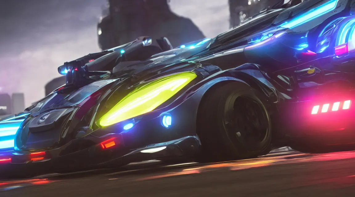 Image similar to mid to close up of a hover car from wipeout hd on a racetrack high motion blur lots of fog and very high depth of field LED strip lights on the road RTX render photorealistic 8k rendered on octane