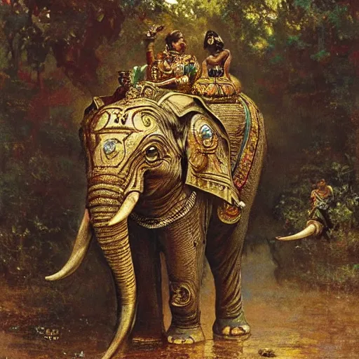 Image similar to srilankan elephant with high - teh steampunk armour baroque style, painting by gaston bussiere, craig mullins, j. c. leyendecker, lights, art by ernst haeckel, john william godward, hammershøi,