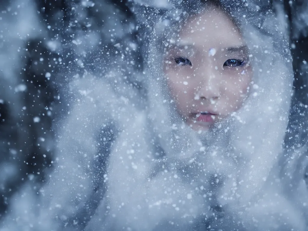 Image similar to the piercing stare of yuki onna, snowstorm, blizzard, mountain snow, canon eos r 6, bokeh, outline glow, asymmetric beauty, billowing cape, blue skin, centered, rule of thirds