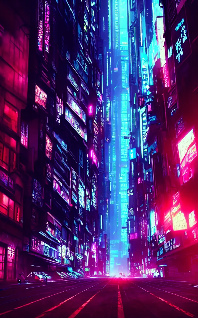 Image similar to concept art of a magnificent dark neon futuristic cyberpunk city bustling street at night cyberart in the style of liam wong in the film akira rendered in octane, 3 d render, trending on cgsociety, blender 3 d, displacement mapped,