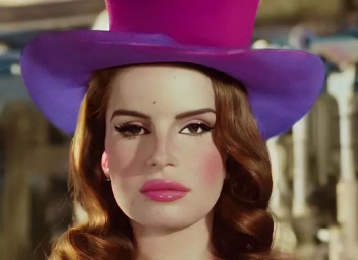 Image similar to a film still closeup of lana del rey in willy wonka and the chocolate factory