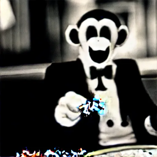 Image similar to monkey in a suit smoking a cigar and playing poker in a casino, 5 0 mm, black and white photo