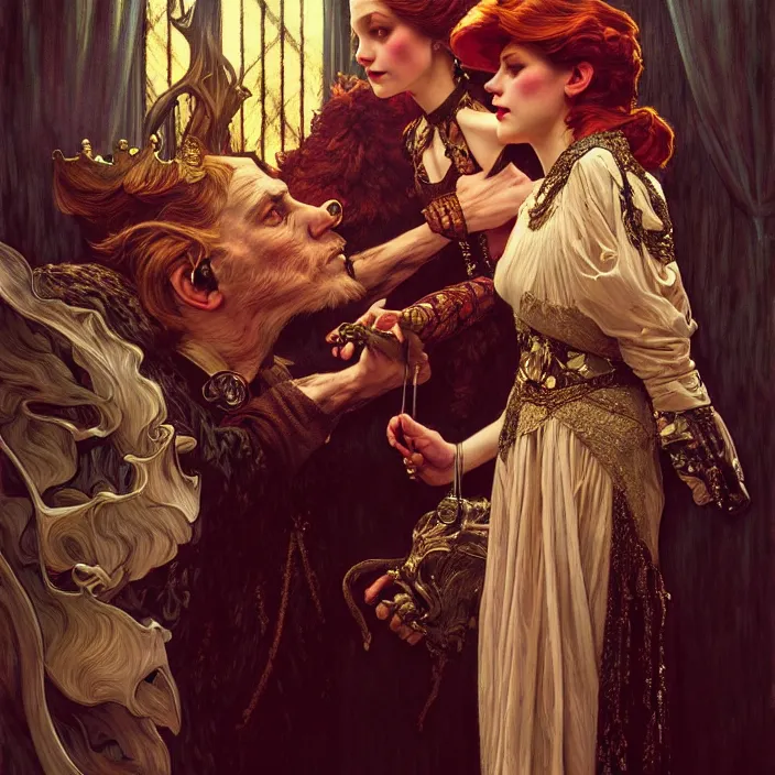 Image similar to the king’s ventriloquist, dramatic lighting, fantasy, intricate, elegant, highly detailed, lifelike, photorealistic, digital painting, artstation, illustration, concept art, smooth, sharp focus, art by John Collier and Albert Aublet and Krenz Cushart and Artem Demura and Alphonse Mucha