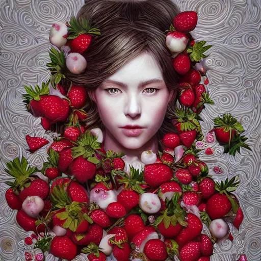 Image similar to the portrait of an absurdly beautiful, graceful, elegant, sophisticated, fashionable young woman made of strawberries and white petals with tears, an ultrafine hyperdetailed illustration by kim jung gi, irakli nadar, intricate linework, bright colors, octopath traveler, final fantasy, unreal engine 5 highly rendered, global illumination, radiant light, detailed and intricate environment