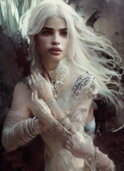 Prompt: anne curtis, a beautiful white haired princess, adorned with precious stone jewelry, intricate concept art, ethereal, ominous, dramatic lighting, ruan jia and jeremy mann and alphonse mucha