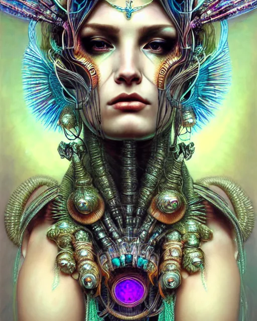 Image similar to hyperrealistic detailed portrait of a beautiful goddess in a cyber headdress, intricate cyberpunk make - up, art by android jones, ernst haeckel, nekro borja, alphonso mucha, h. r. giger, ornamental gothic - cyberpunk,