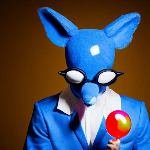 Prompt: a sexy anthropomorphic male blue deer wearing a latex suit sitting in a chair as he blows a bubble gum bubble, cocky, arrogant, furry art, portrait, 8k