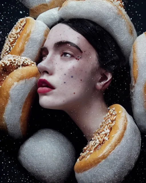 Prompt: half body portrait of juliana, in an outfit made from donuts, black hair, freckles, pale skin, photo by greg rutkowski, high fashion, female beauty, intricate detail, elegance, sharp shapes, soft lighting, vibrant colors, masterpiece