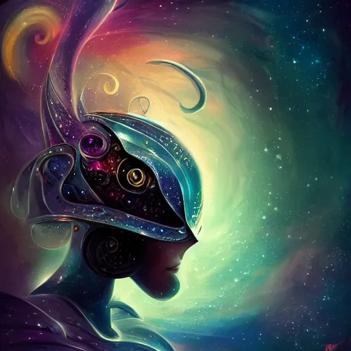 Image similar to love expanding across the universe, galaxy spiral background. exploded helmet, D&D, fantasy, intricate, elegant, highly detailed, digital painting, artstation, concept art, matte, sharp focus, illustration, art by Anna dittmann