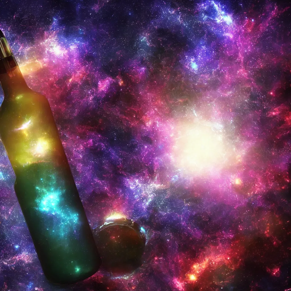 Image similar to a galaxy inside a bottle made of stars, space, nebulas stars Dmt Psychedelic cosmos, cosmic, Hallucination, night sky; 8k, artstation, unreal engine, octane render, hdr, surrealistic, hyperrealism, glow, photorealistic, volumetric lighting, Dreamy, dynamic, mystical