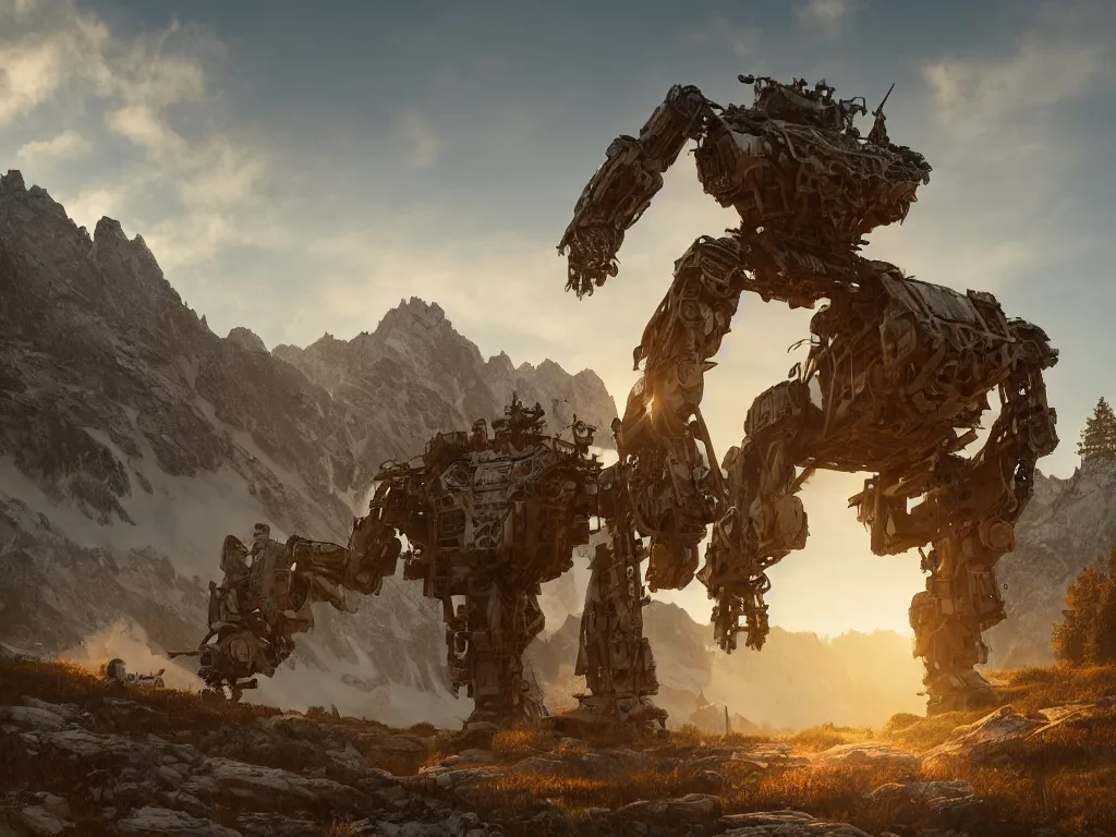 Prompt: high quality photorealistic concept art of super cool complicated huge mech in mountains, in the style of Ivan Ivanovich Shishkin, cinematic angle, golden hour, horizon, super detailing, octane render
