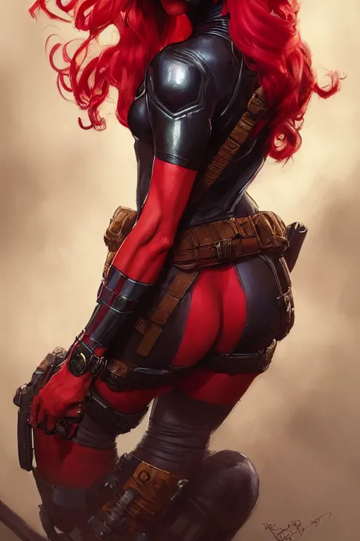 Prompt: portrait of a girl wearing deadpool costumes, upper body, red hair, long hair, d & d, fantasy, fierce, sharp features, intricate, elegant, highly detailed, digital painting, artstation, concept art, matte, sharp focus, illustration, art by artgerm and greg rutkowski and alphonse mucha