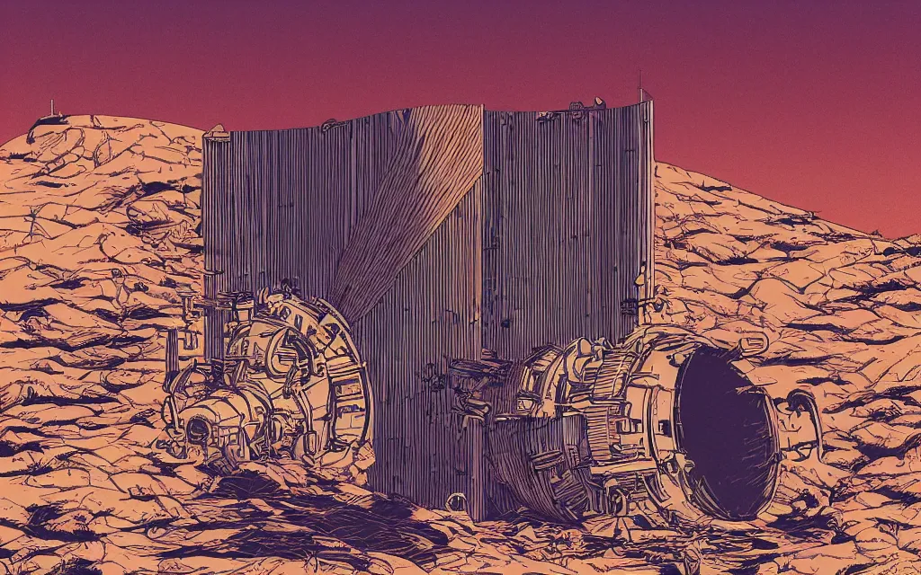 Image similar to very detailed, ilya kuvshinov, mcbess, rutkowski, illustration of a 2 5 tonne nuclear blast door on a desert planet, wide shot, colorful, deep shadows, astrophotography