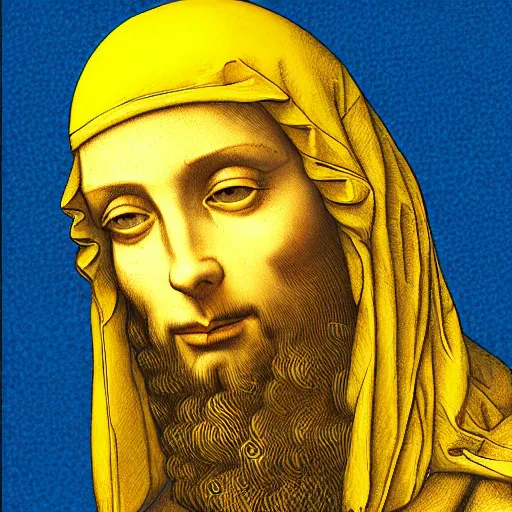 Prompt: blue and yellow illustration portraying leonard da vinci