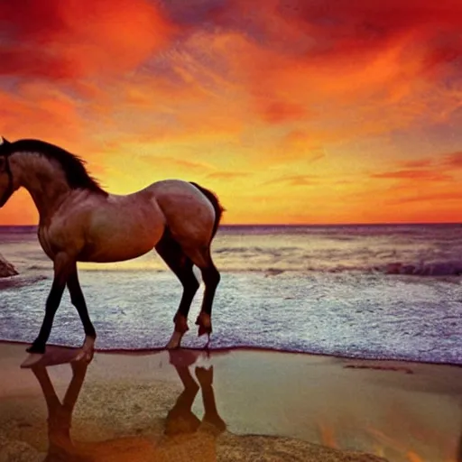 Image similar to epic glorious war horse on the beautiful beach during sunset, david lachapelle, old photo, vintage