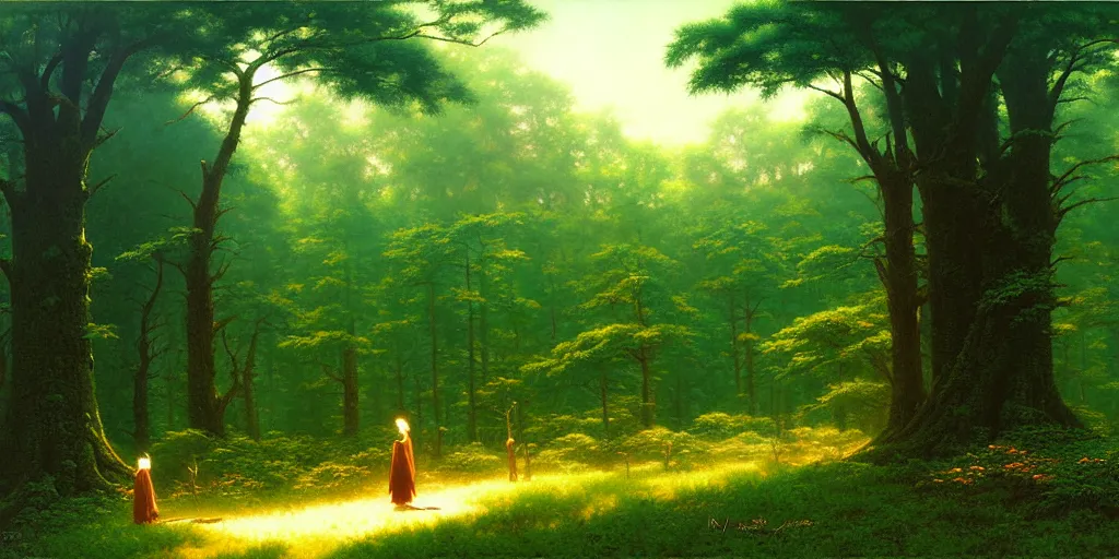 Prompt: a forest highly detailed oil painting, rhads, bruce pennington, studio ghibli, by hildebrandt, by george inness digital