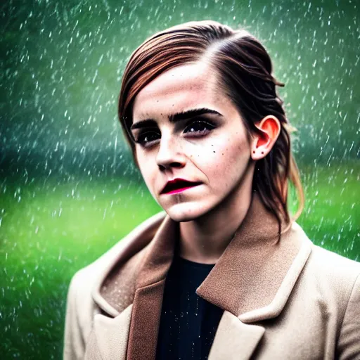 Prompt: Emma Watson standing outside in the rain, sad, modelsociety, radiant skin, huge anime eyes, RTX on, perfect face, directed gaze, intricate, Sony a7R IV, symmetric balance, polarizing filter, Photolab, Lightroom, 4K, Dolby Vision, Photography Award