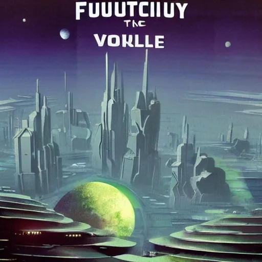 Prompt: futuristic city that orbits a desolate moon and lush planet, concept art, pulp novel cover