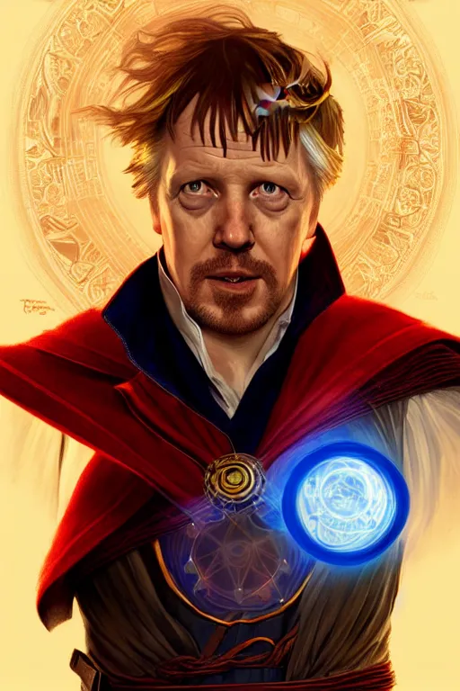 Image similar to Boris Johnson as Doctor Strange, realistic portrait, symmetrical, highly detailed, digital painting, artstation, concept art, smooth, sharp focus, illustration, cinematic lighting, art by artgerm and greg rutkowski and alphonse mucha