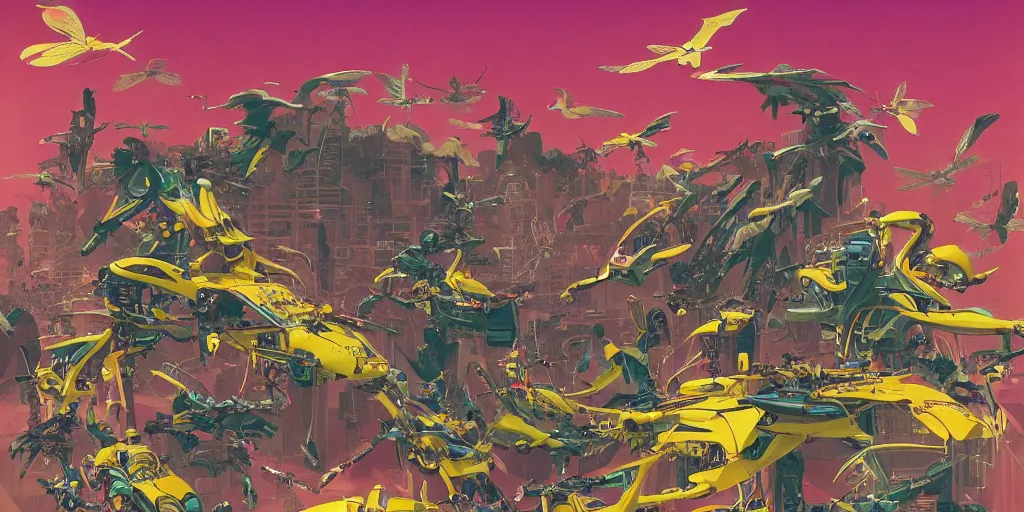 Image similar to risograph, gigantic mecha arzach birds with dragonflies, tiny rats, a lot of exotic animals around, big human faces everywhere, helicopters and tremendous birds, by satoshi kon and moebius, matte yellow colors, surreal design, crispy, super - detailed, a lot of tiny details, no blur, 4 k, fullshot