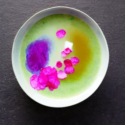 Prompt: waterpaint top view of a bowl of sakura petals soup