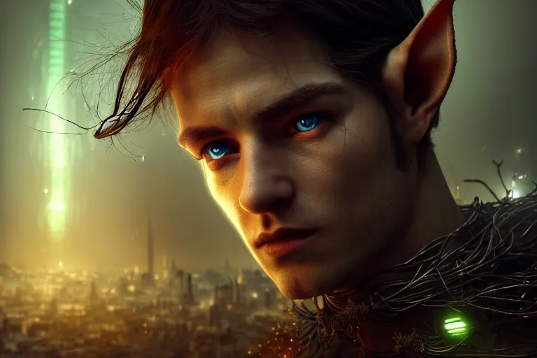 Prompt: an ultra realistic, cinematic, fantasy, headshot portrait, of an elden ring elf, fairy lights, facial features, background of a vast dystopian cityscape, with trees and neon lights, detailed, deep focus, movie still, dramatic lighting, ray tracing, by michal karcz and yoshitaka amano