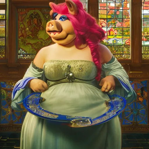 Image similar to Epic Masterpiece wide angle shot of MIss Piggy as Morpheus offering red pill and blue pill, mirror shades, drawn by Donato Giancola and Tom Bagshaw, Edmund Leighton, Alphonse Mucha, 4k, volumetric lighting, komorebi, trending on artstation, octane render, hyperrealistic