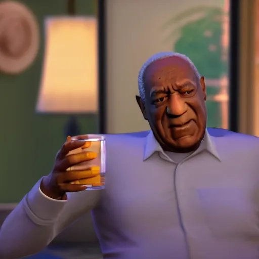 Image similar to bill cosby holding a drink in the sims 4, movie still, cinematic lighting, dramatic, octane render, long lens, shallow depth of field, bokeh, anamorphic lens flare, 8 k, hyper detailed, 3 5 mm film grain